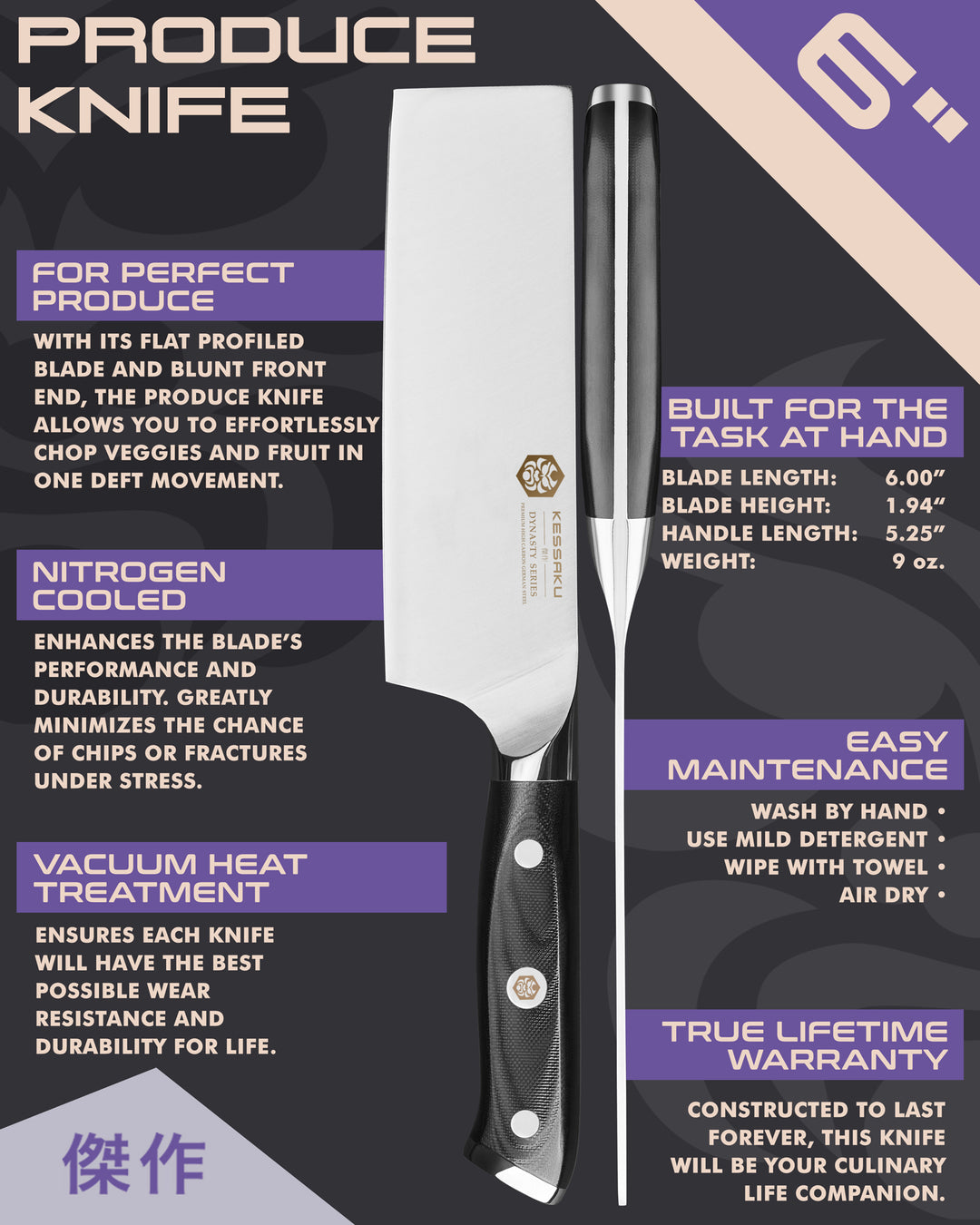 Kessaku Dynasty Series Produce Knife uses, dimensions, maintenance, warranty info, and additional blade treatments