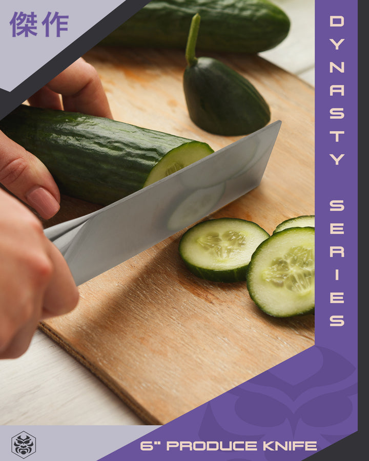 A woman cuts a cucumber with the Dynasty Produce Knife