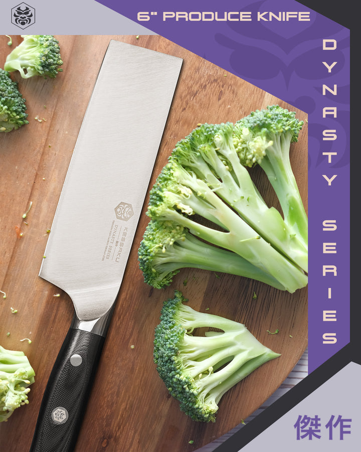 The Dynasty Produce Knife on a cutting board with chopped broccoli.