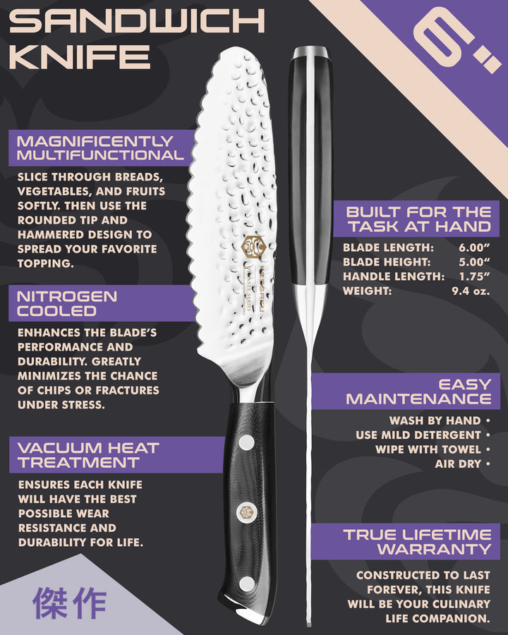Kessaku Dynasty Series Sandwich Knife uses, dimensions, maintenance, warranty info, and additional blade treatments
