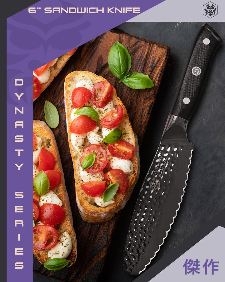 Sliced cherry tomatoes, basil, mozzarella on toasted Italian bread made with the Dynasty Sandwich Knife