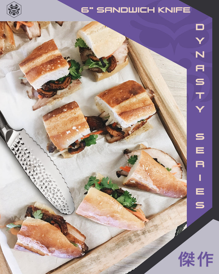 A tray full of sandwiches made with the Dynasty Sandwich Knife