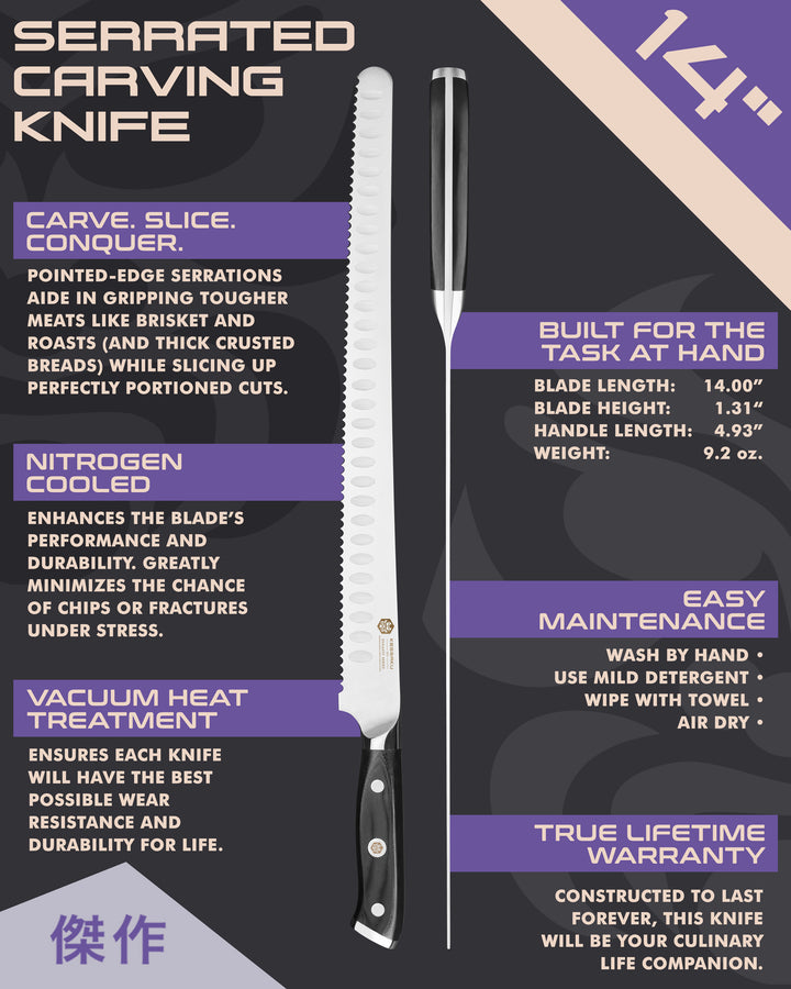 Kessaku Dynasty Series Serrated Carving Knife uses, dimensions, maintenance, warranty info, and additional blade treatments