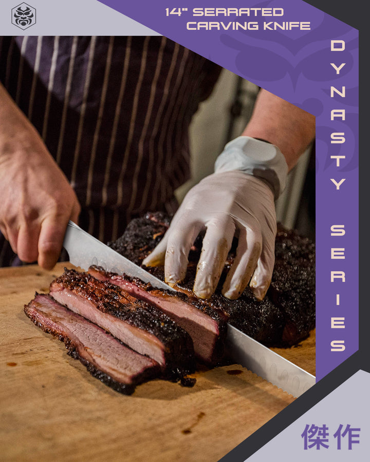 A chef slices thick cuts of brisket using the Dynasty Serrated Carving Knife
