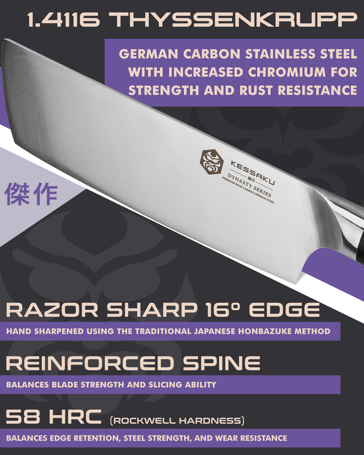 Kessaku Dynasty Nakiri Knife blade features: 1.4116 German steel, 58 HRC, sharpened to 16 degrees, reinforced spine