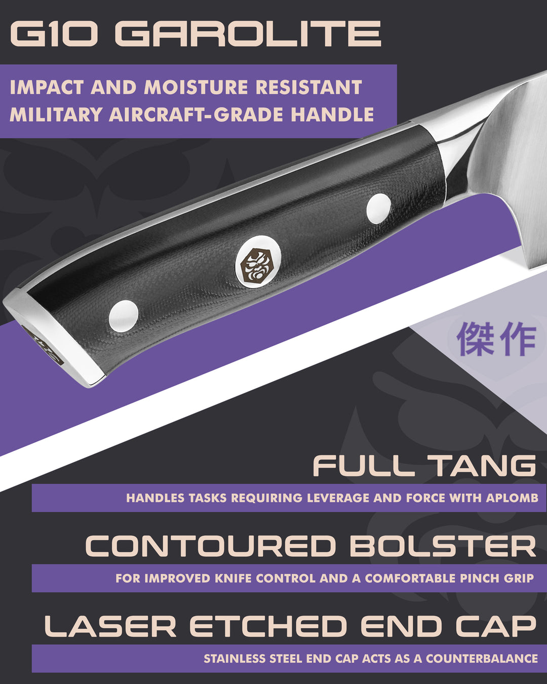 Kessaku Dynasty Nakiri Knife handle features: G10 handle, full tang, contoured bolster, laser etched end cap