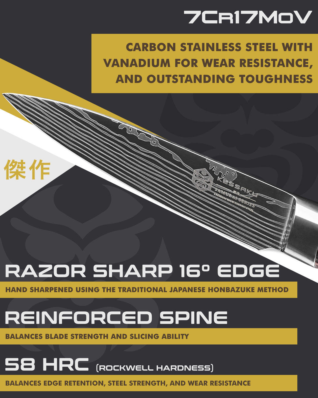 Kessaku Samurai Paring Knife blade features: 7Cr17MoV steel, 58 HRC, 16 degree teeth, reinforced spine
