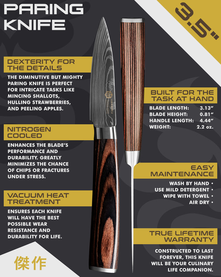 Kessaku Samurai Series Paring Knife uses, dimensions, maintenance, warranty info, and additional blade treatments