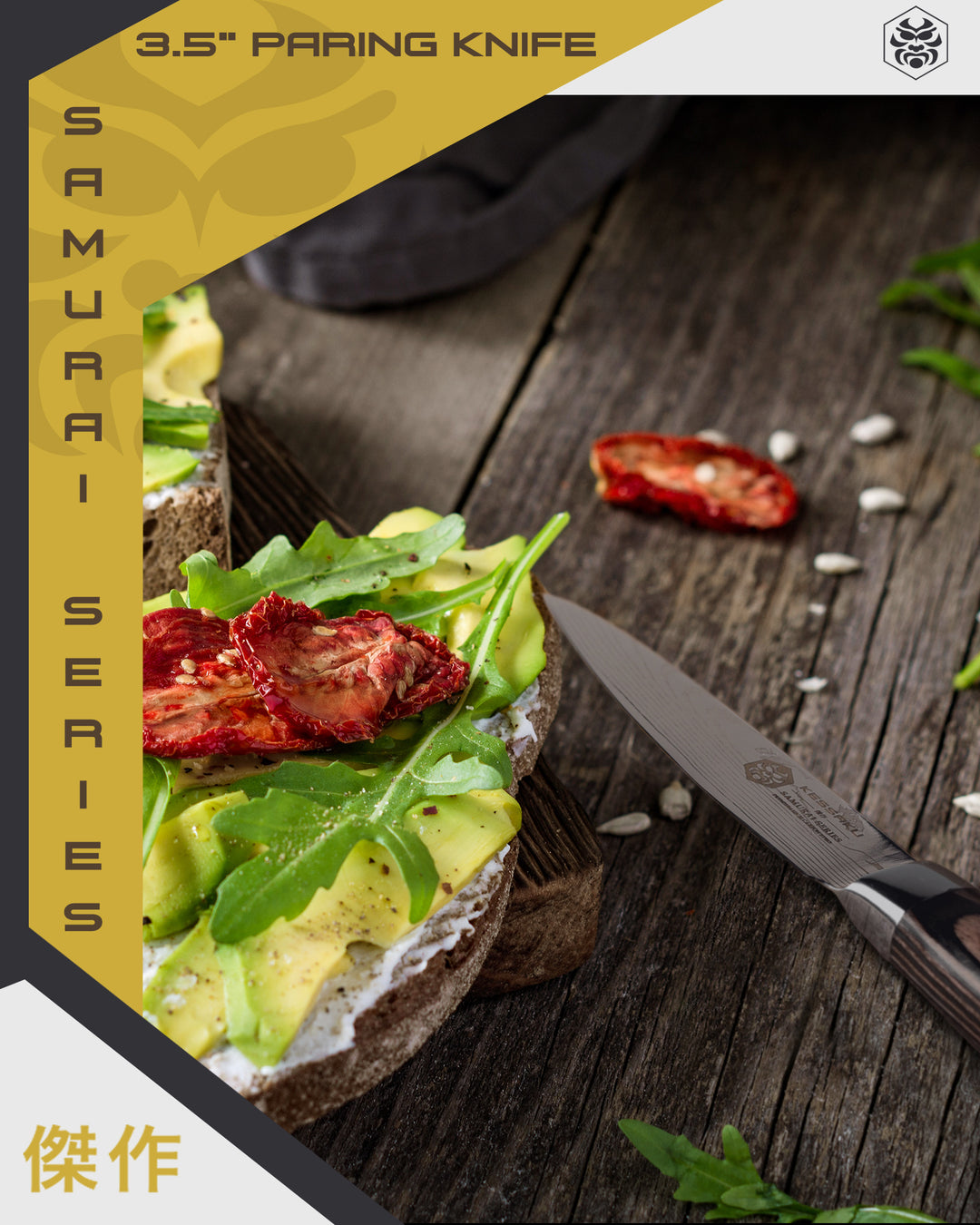 The Samurai Paring Knife with sliced avocado, leafy greens, sundried tomato on homemade wheat toast