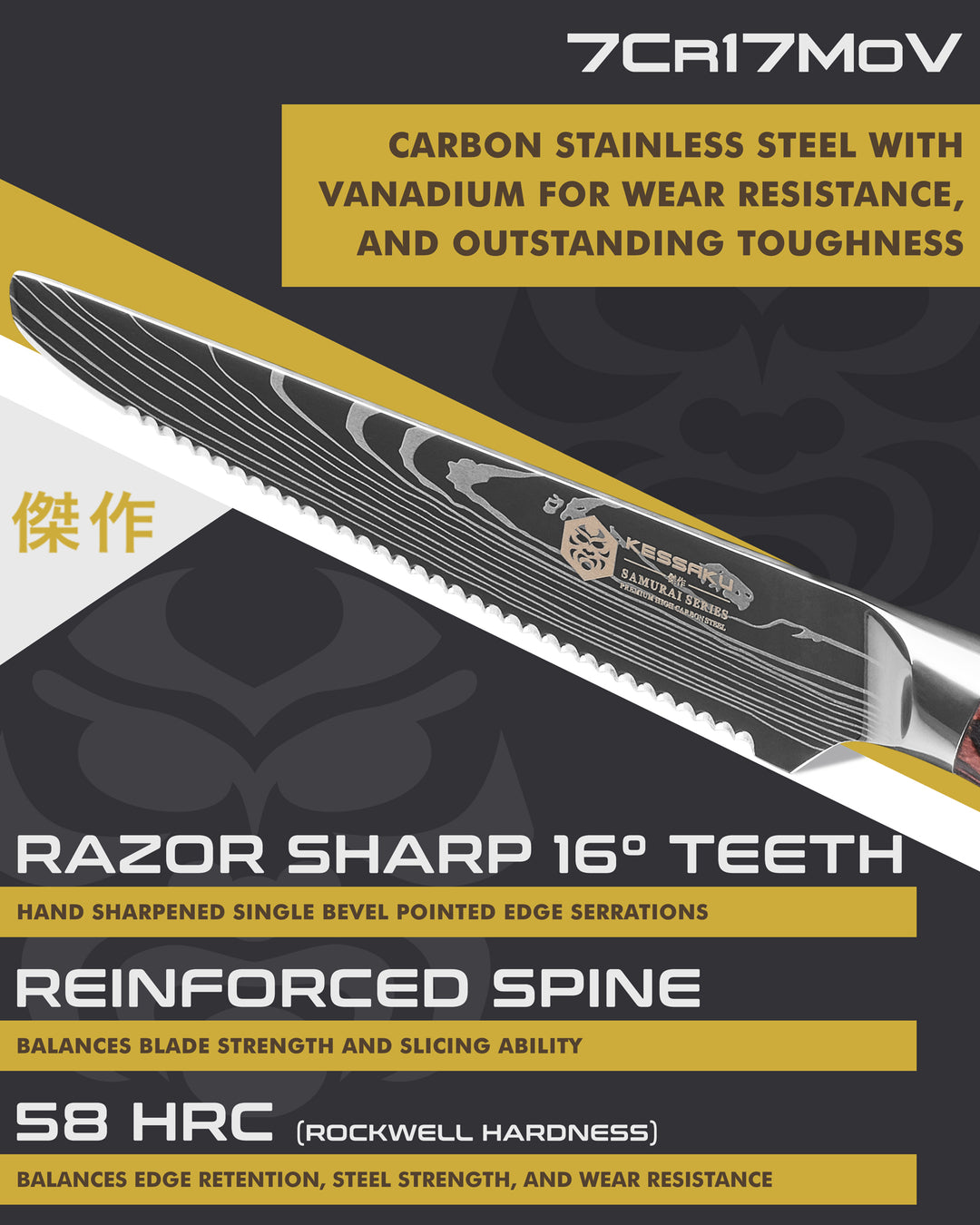 Kessaku Samurai Steak Knife blade features: 7Cr17MoV steel, 58 HRC, 16 degree edge, reinforced spine
