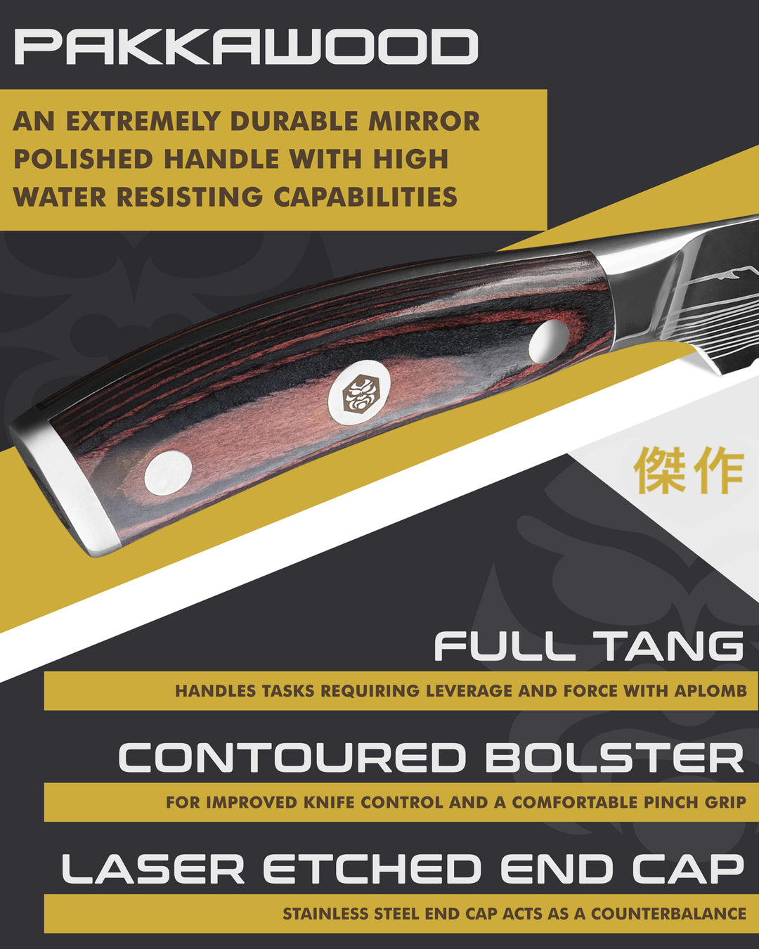 Kessaku Samurai Steak Knife handle features: Pakkawood handle, full tang, contoured bolster, laser etched end cap