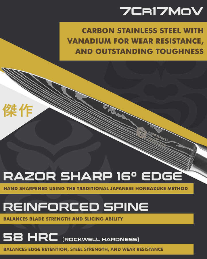 Kessaku Samurai Produce Knife blade features: 7Cr17MoV steel, 58 HRC, 16 degree edge, reinforced spine
