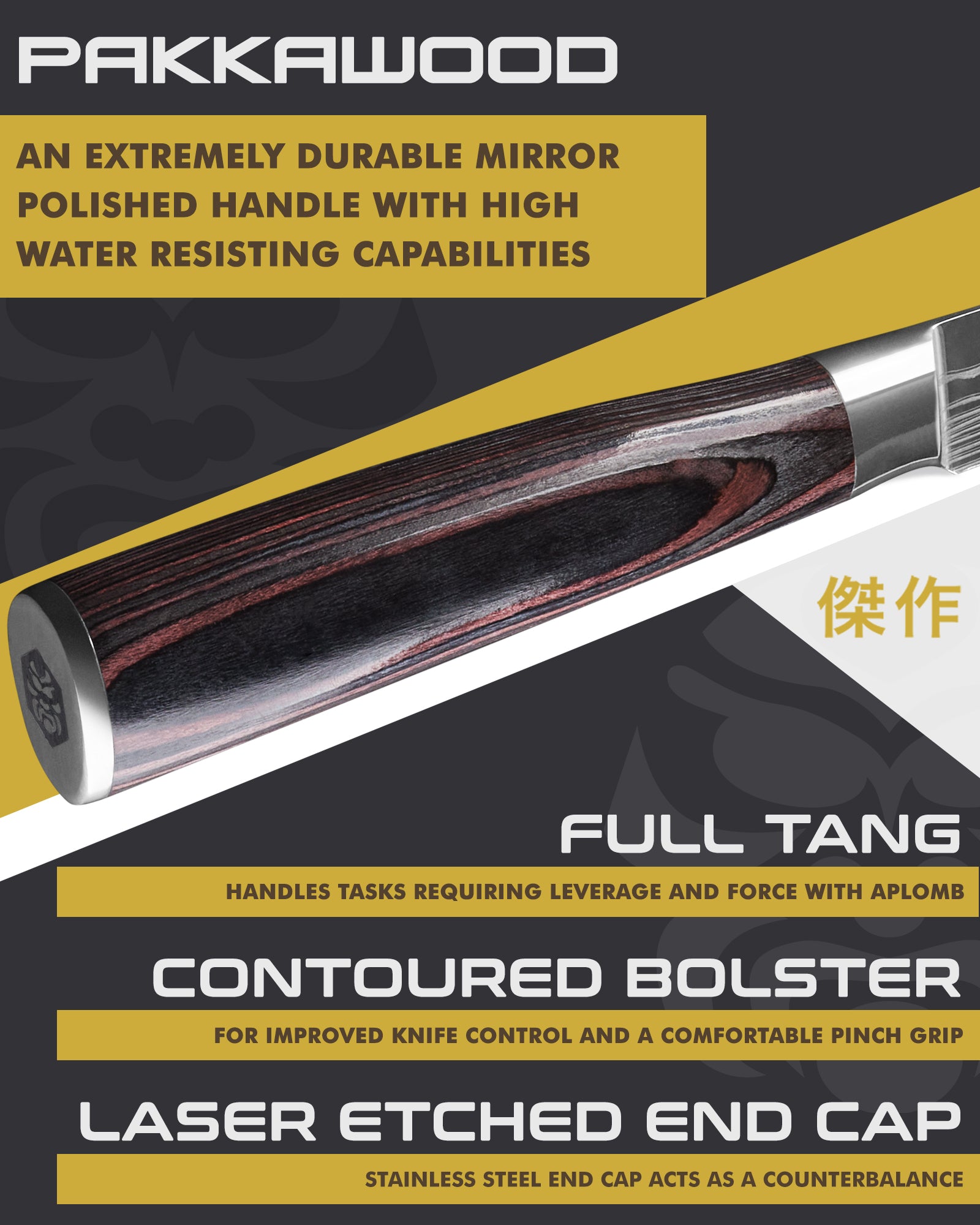 Kessaku Samurai Produce Knife handle features: Pakkawood handle, full tang, contoured bolster, laser etched end cap