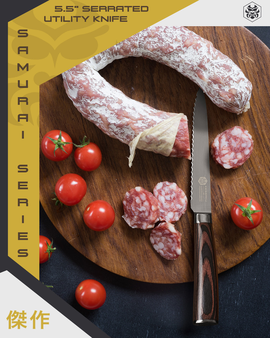 Cured meats, cherry tomatoes, and the Samurai Serrated Utility Knife on a cutting board