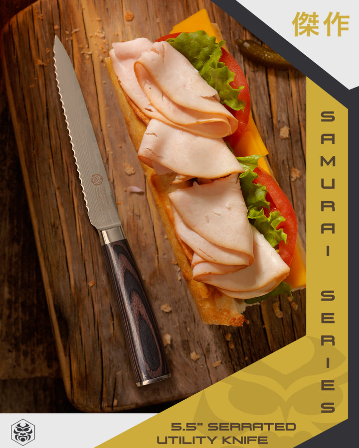 The Samurai Serrated Utility Knife a sandwich with turkey, tomato, lettuce, and cheese on Italian bread.