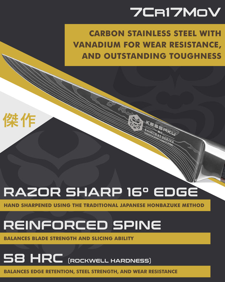Kessaku Samurai Boning Knife blade features: 7Cr17MoV steel, 58 HRC, 16 degree edge, reinforced spine