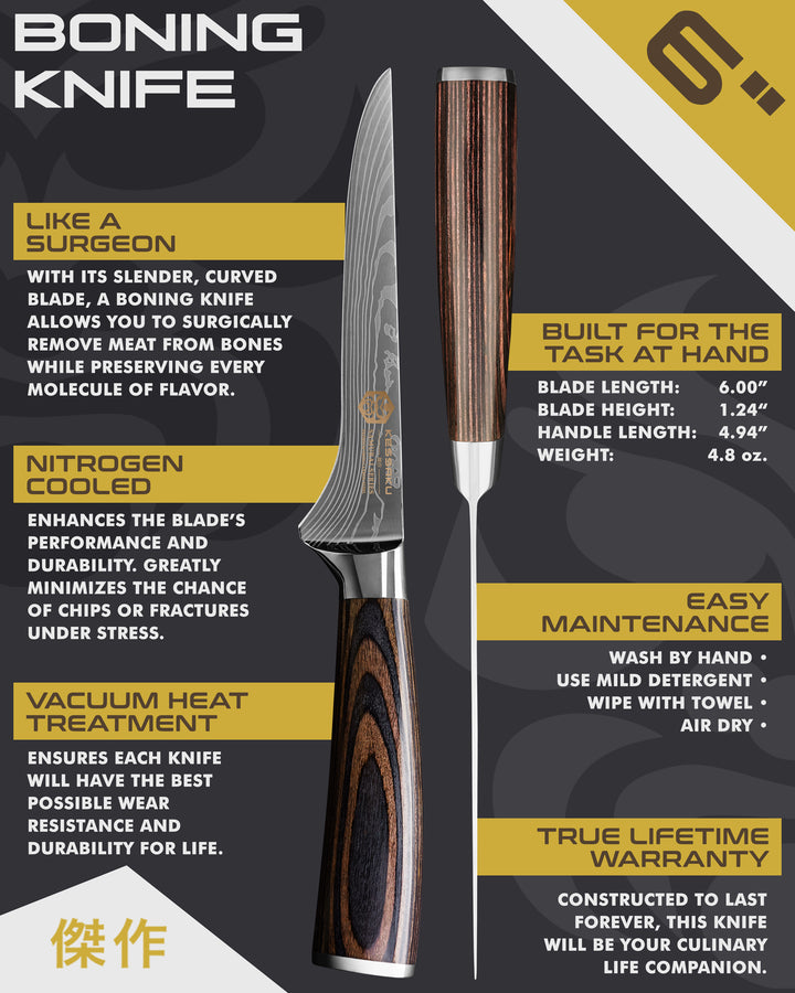Kessaku Samurai Series Boning Knife uses, dimensions, maintenance, warranty info, and additional blade treatments