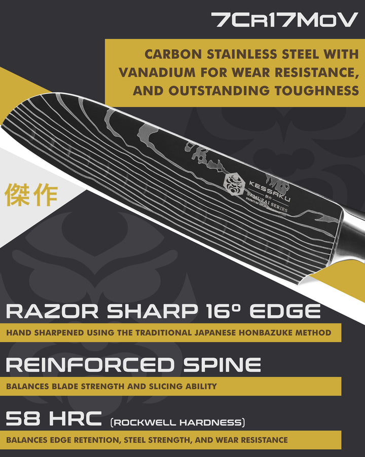 Kessaku Samurai Santoku Knife blade features: 7Cr17MoV steel, 58 HRC, 16 degree edge, reinforced spine