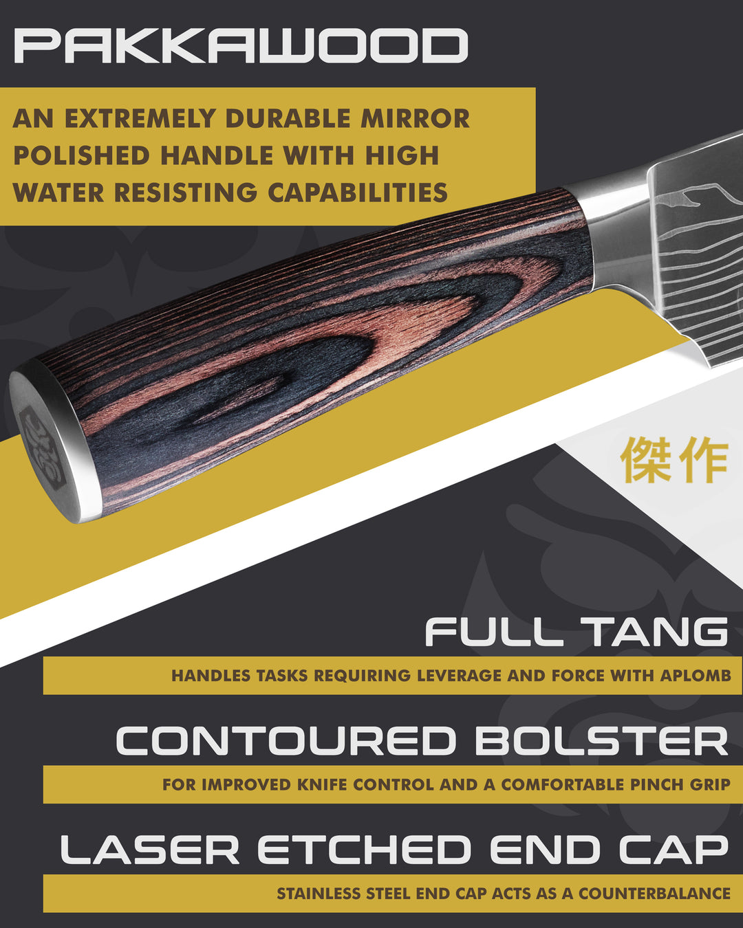 Kessaku Samurai Santoku Knife handle features: Pakkawood handle, full tang, contoured bolster, laser etched end cap