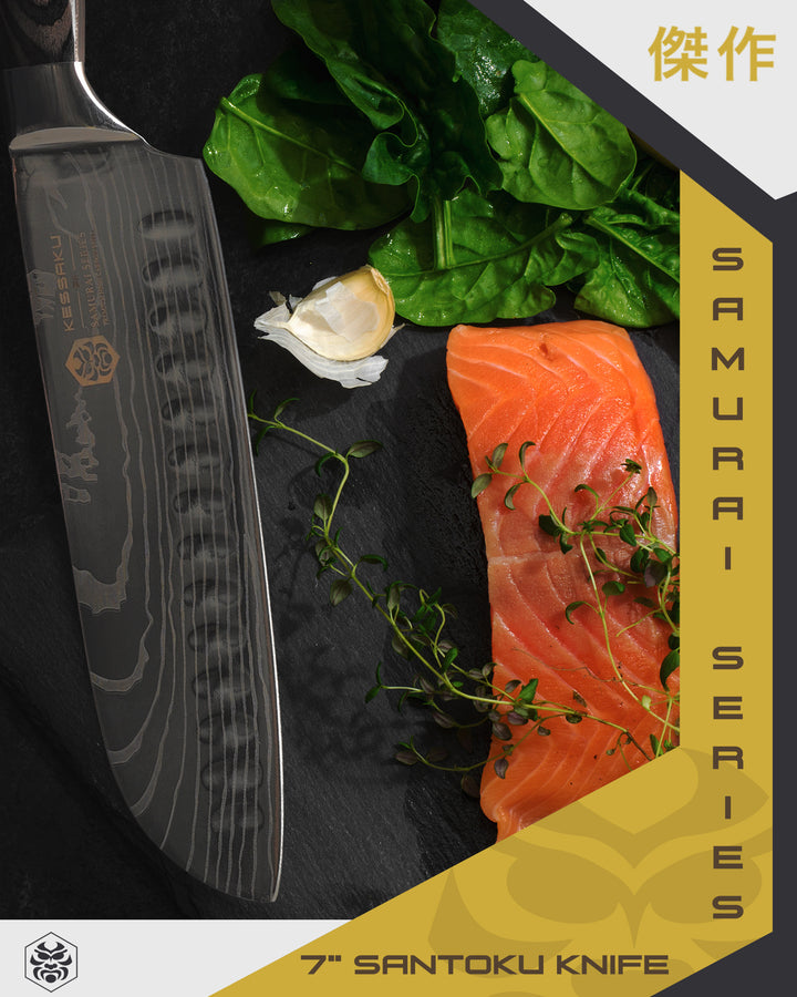 A salmon steak, garlic, and greens with the Samurai Santoku Knife