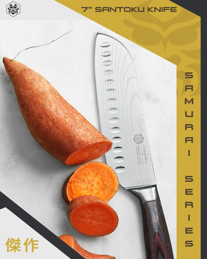 The Samurai Santoku Knife after slicing up a sweet potato.