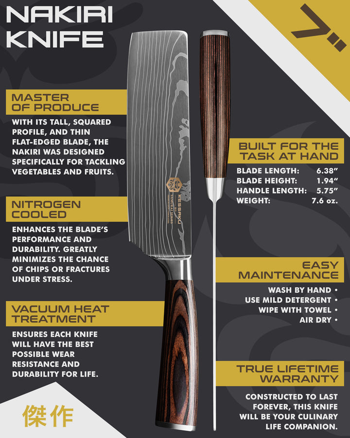 Kessaku Samurai Series Nakiri Knife uses, dimensions, maintenance, warranty info, and additional blade treatments