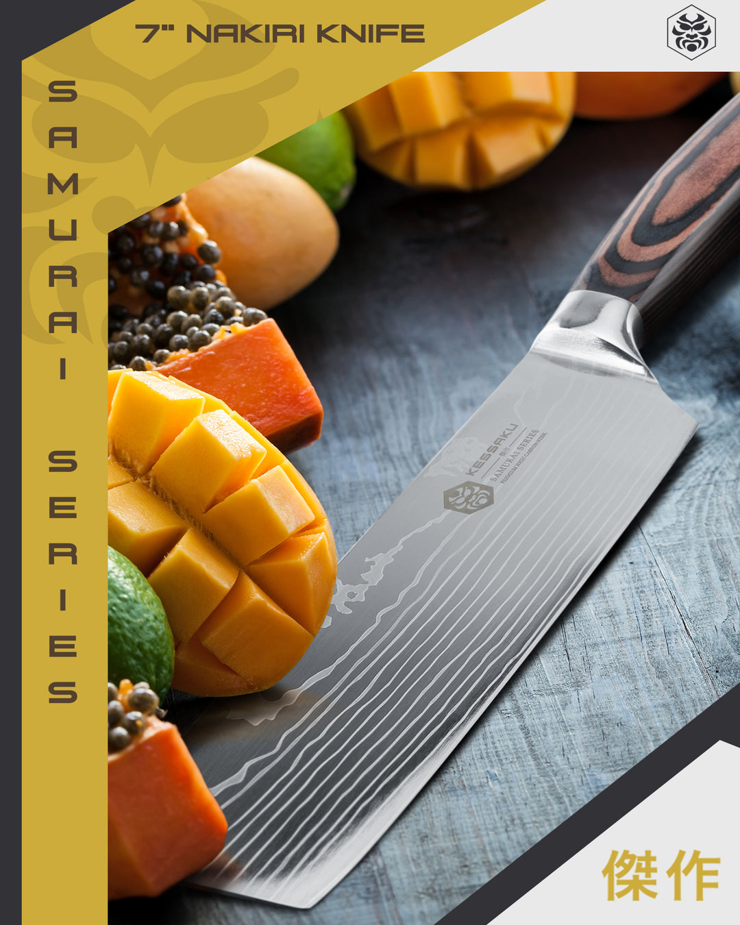 The Samurai Nakiri with intricately cut mango, and chopped papaya