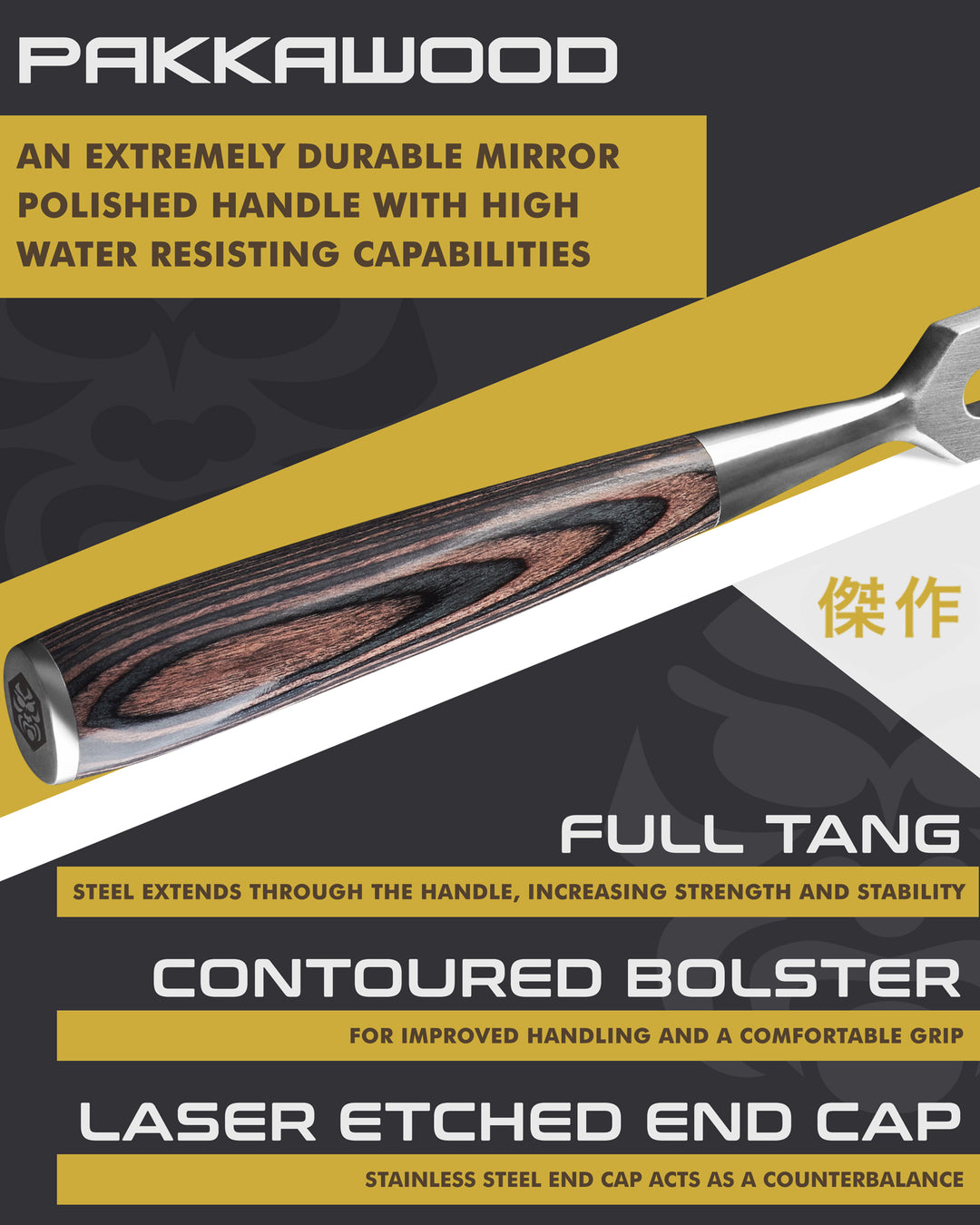 Kessaku Samurai Carving Fork handle features: Pakkawood handle, full tang, contoured bolster, laser etched end cap