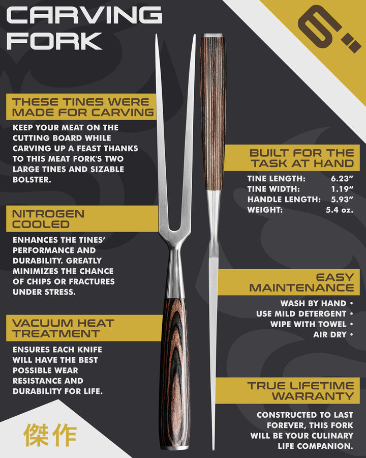 Kessaku Samurai Series Carving Fork uses, dimensions, maintenance, warranty info, and additional blade treatments
