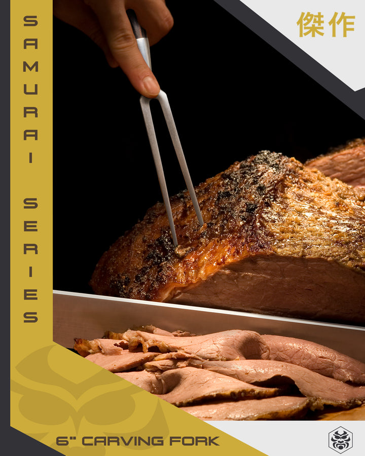 A server carves thin slices of roast beef using the Samurai Series Carving Knife and Carving Fork