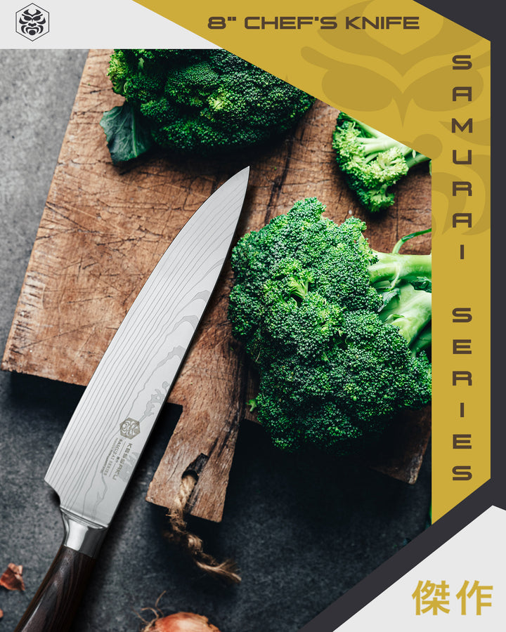 The Samurai Series Chef's Knife on a cutting board with chopped broccoli