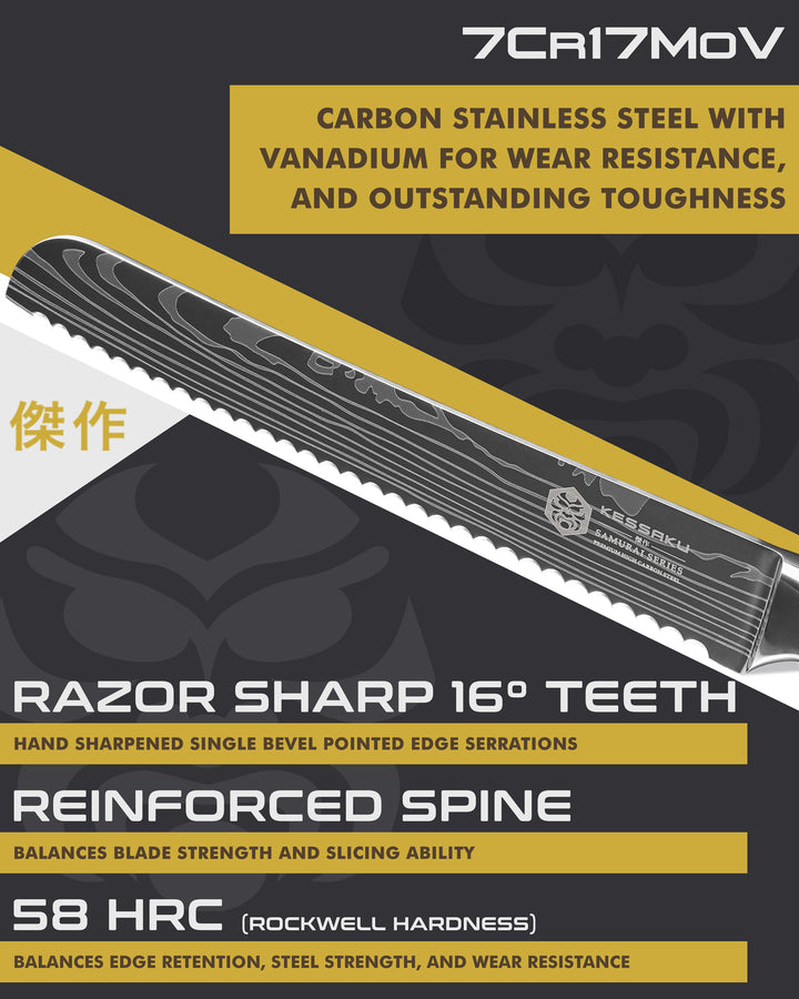 Kessaku Samurai Bread Knife blade features: 7Cr17MoV steel, 58 HRC, 16 degree edge, reinforced spine
