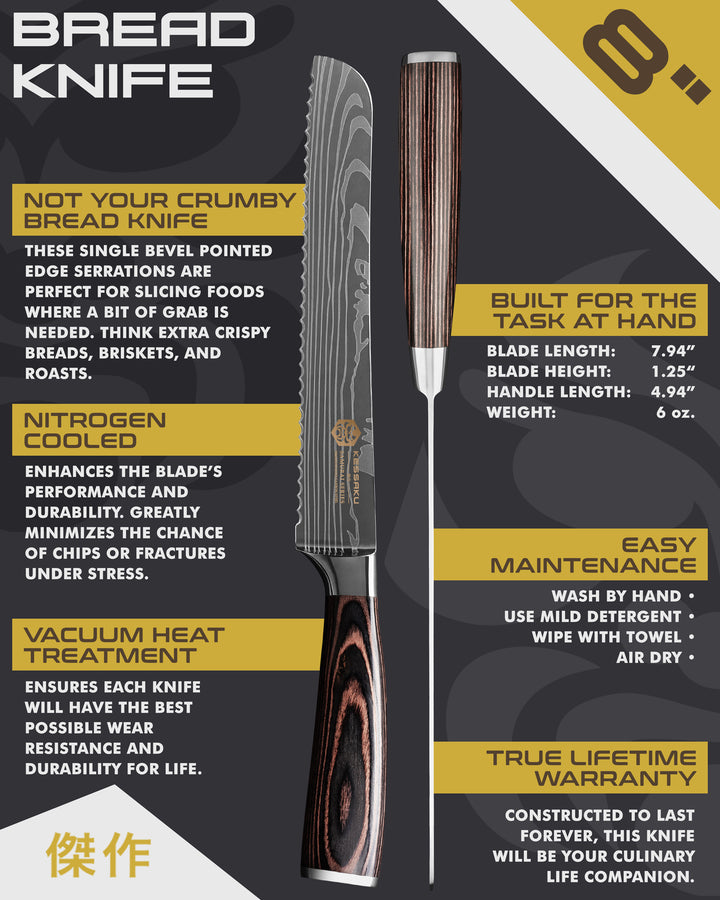 Kessaku Samurai Series Bread Knife uses, dimensions, maintenance, warranty info, and additional blade treatments