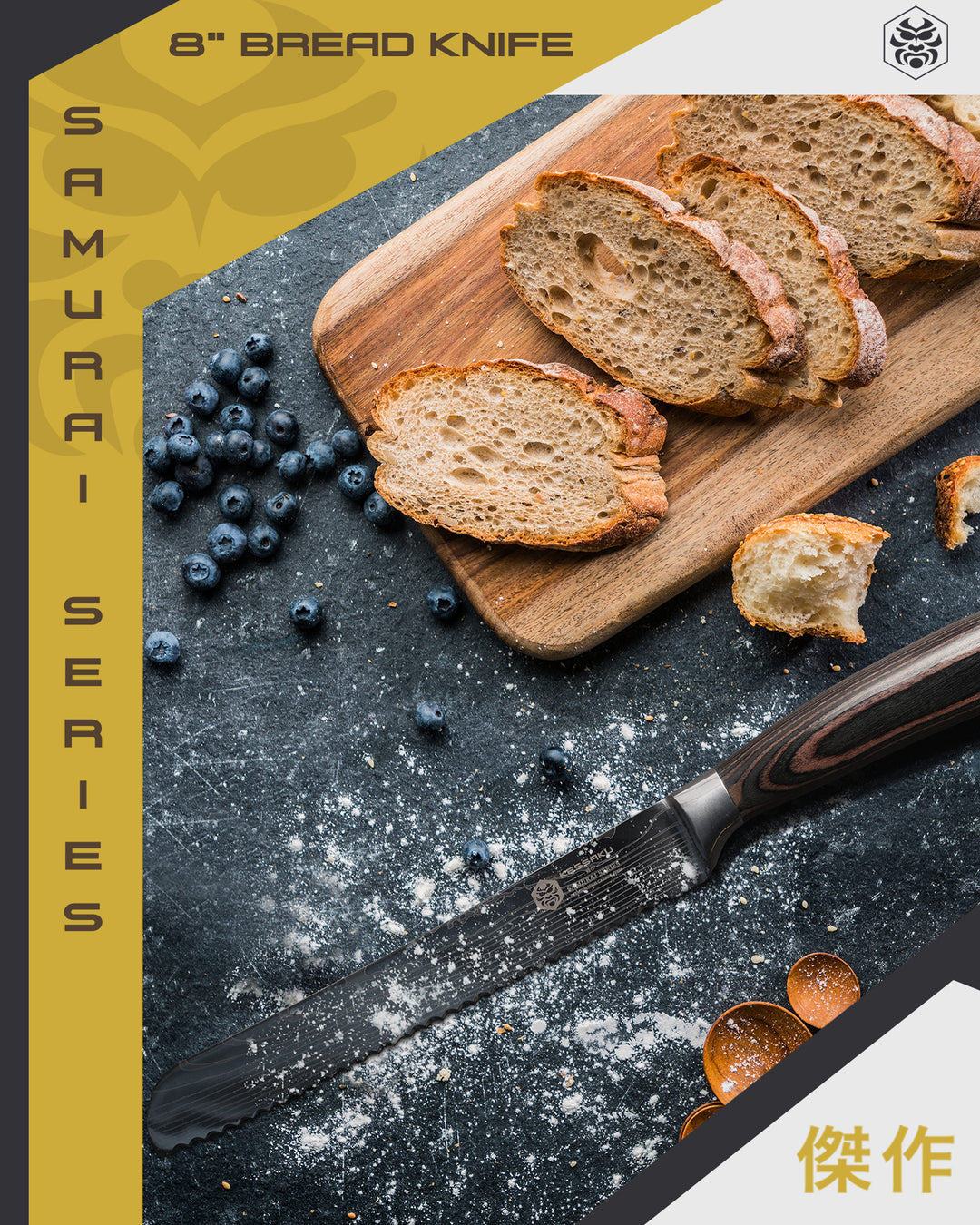 The Samurai Bread Knife among sliced baguette, blueberries, and powdered sugar