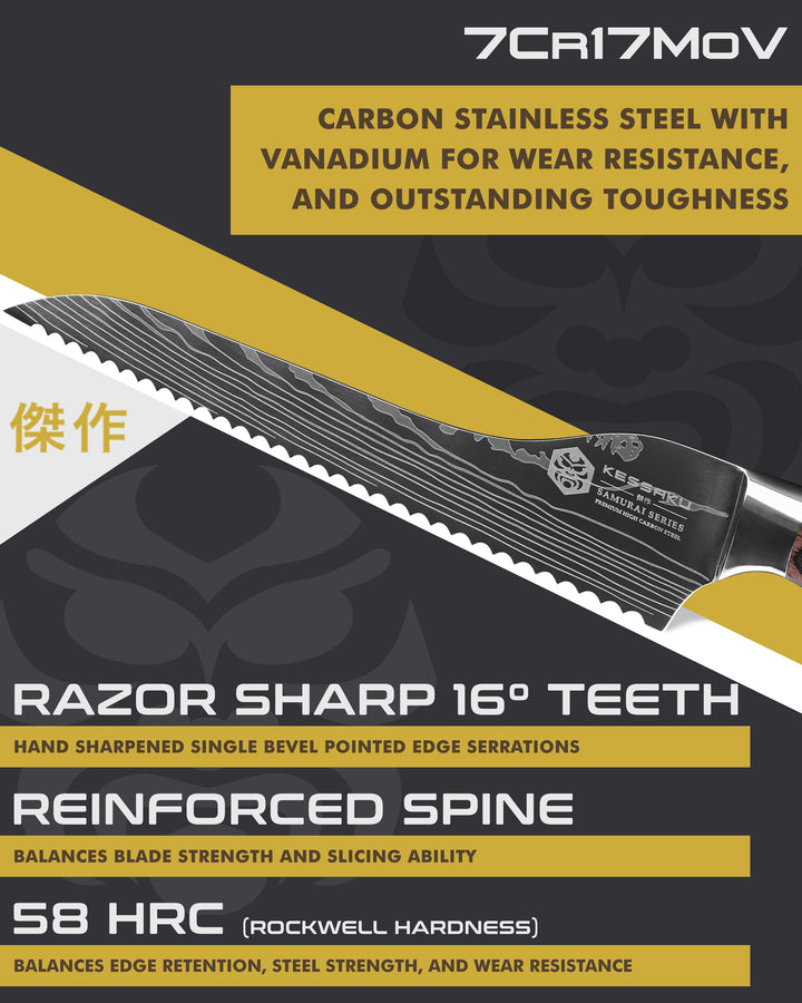 Kessaku Samurai Offset Bread Knife blade features: 7Cr17MoV steel, 58 HRC, 16 degree edge, reinforced spine