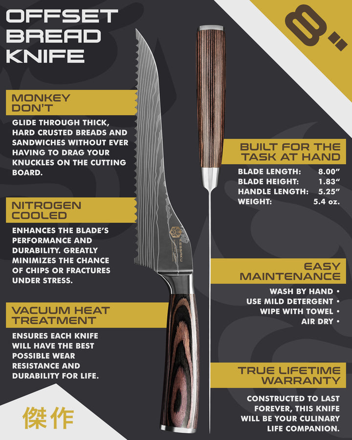 Kessaku Samurai Series Offset Bread Knife uses, dimensions, maintenance, warranty info, and additional blade treatments