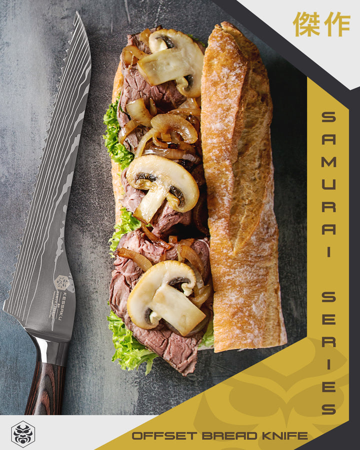 The Samurai Offset Deli Knife next to a roast beef sub with grilled onions, sliced mushrooms, and lettuce