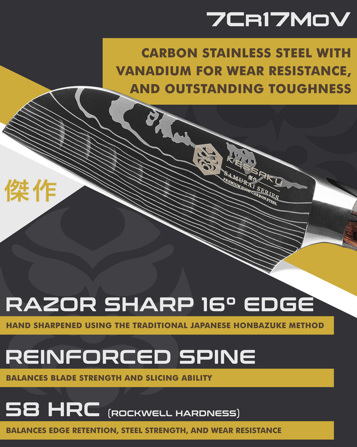 Kessaku Samurai Mini Santoku Knife blade features: 7Cr17MoV steel, 58 HRC, 16 degree edge, reinforced spine