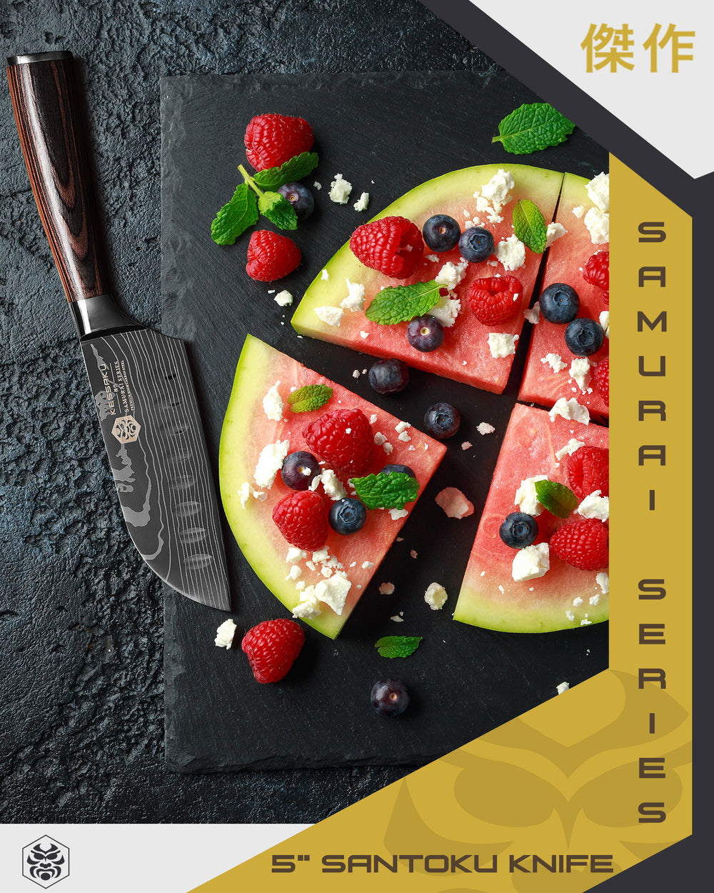 The Samurai Mini Santoku after slicing watermelon wedges with berries, feta, and mint