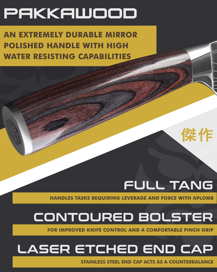 Kessaku Samurai Mini Cleaver handle features: Pakkawood handle, full tang, contoured bolster, laser etched end cap