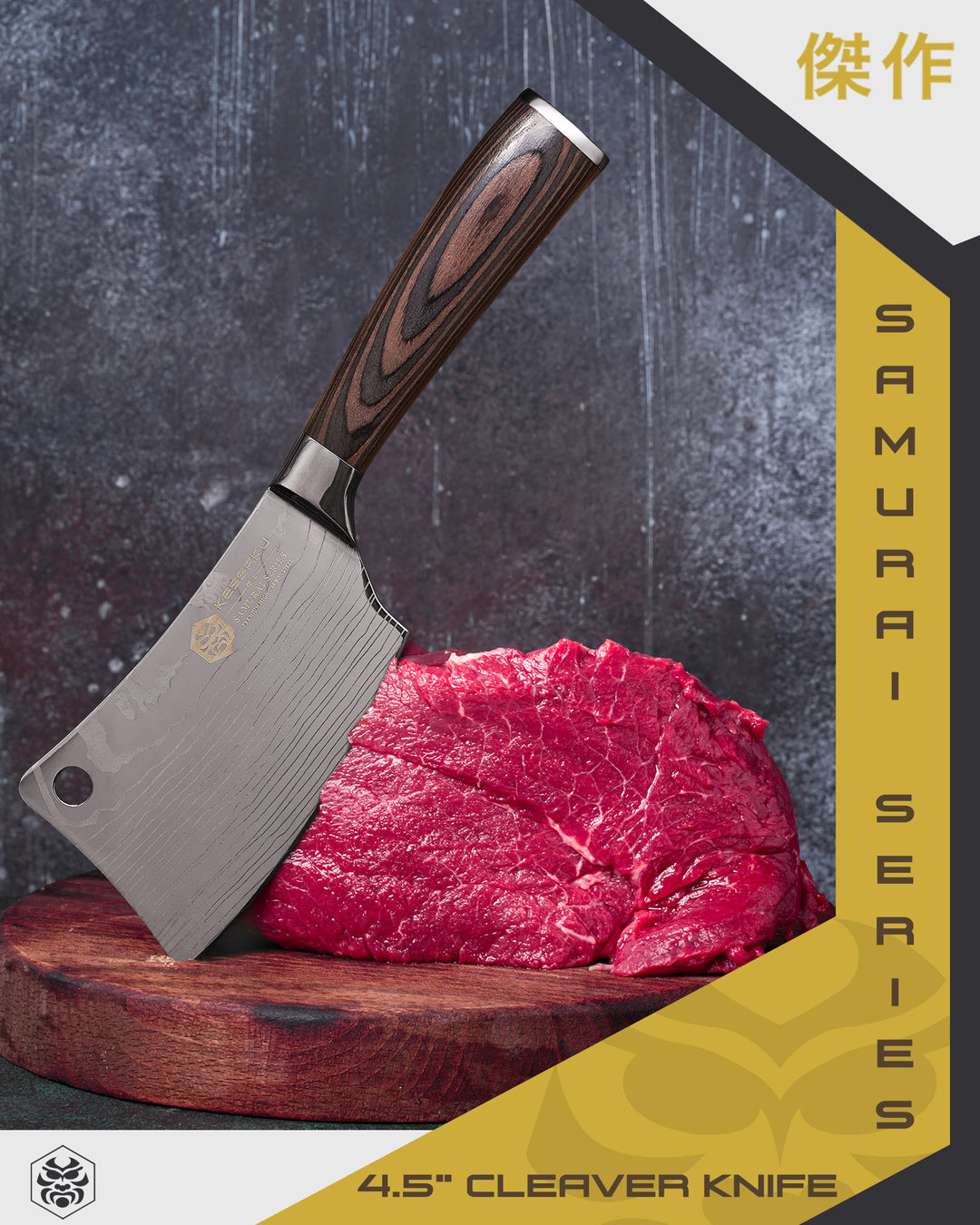 The Samurai Mini Cleaver leaning on a large roast beef while partially embedded in a cutting board