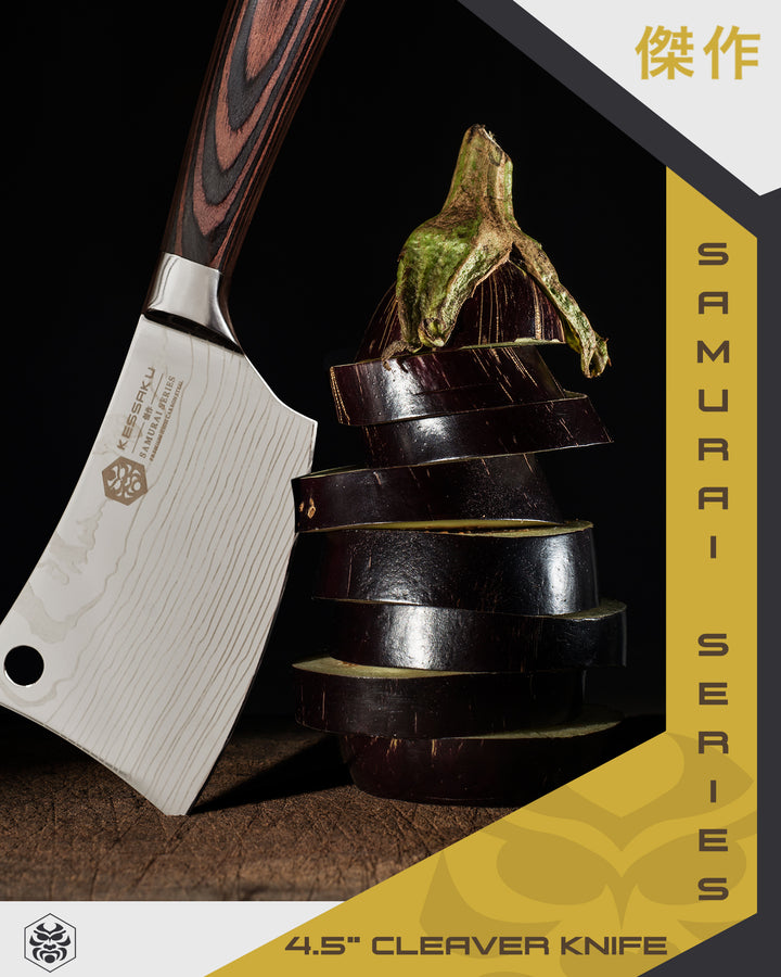 The Samurai Mini Cleaver used to chop thick cuts of eggplant