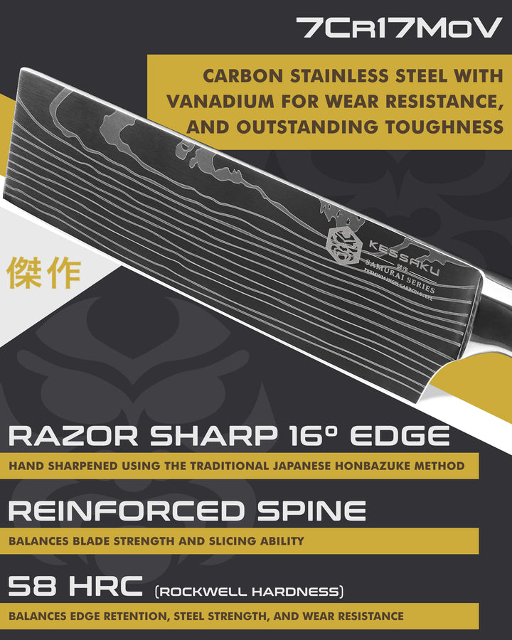 Kessaku Samurai Produce Knife blade features: 7Cr17MoV steel, 58 HRC, 16 degree edge, reinforced spine