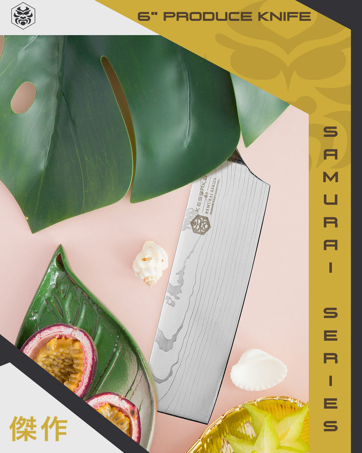 The Samurai Produce Knife, halved passion fruit and a large palm leaf