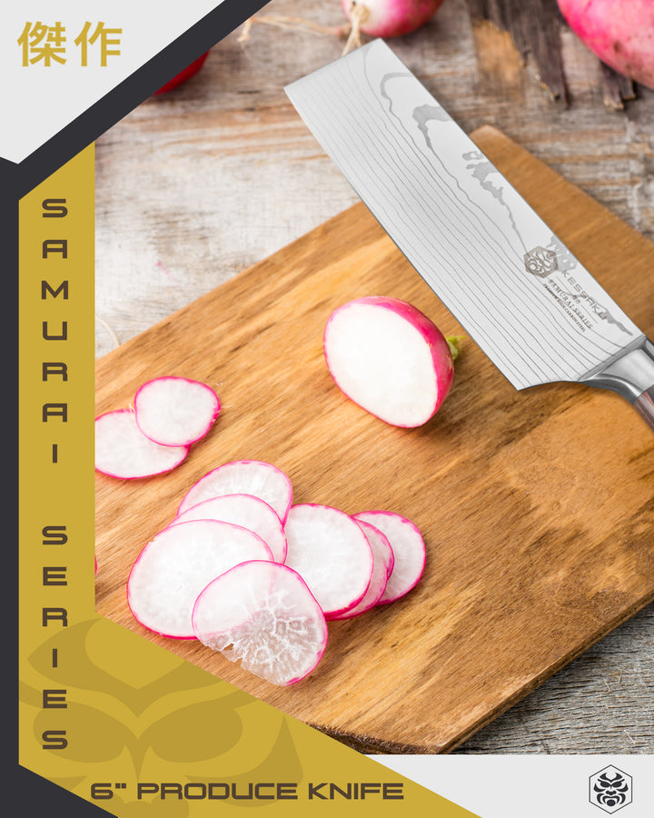 Thinly sliced radishes made with the Samurai Produce Knife