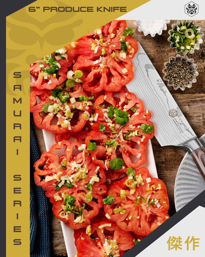 The Samurai Produce Knife, seasons slice tomatoes with herbs