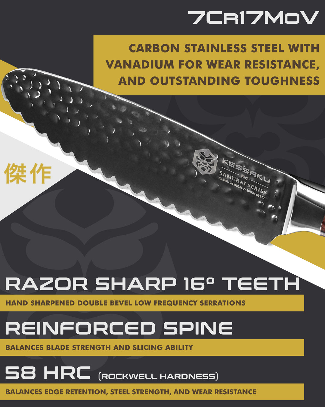 Kessaku Samurai Sandwich Knife blade features: 7Cr17MoV steel, 58 HRC, 16 degree edge, reinforced spine