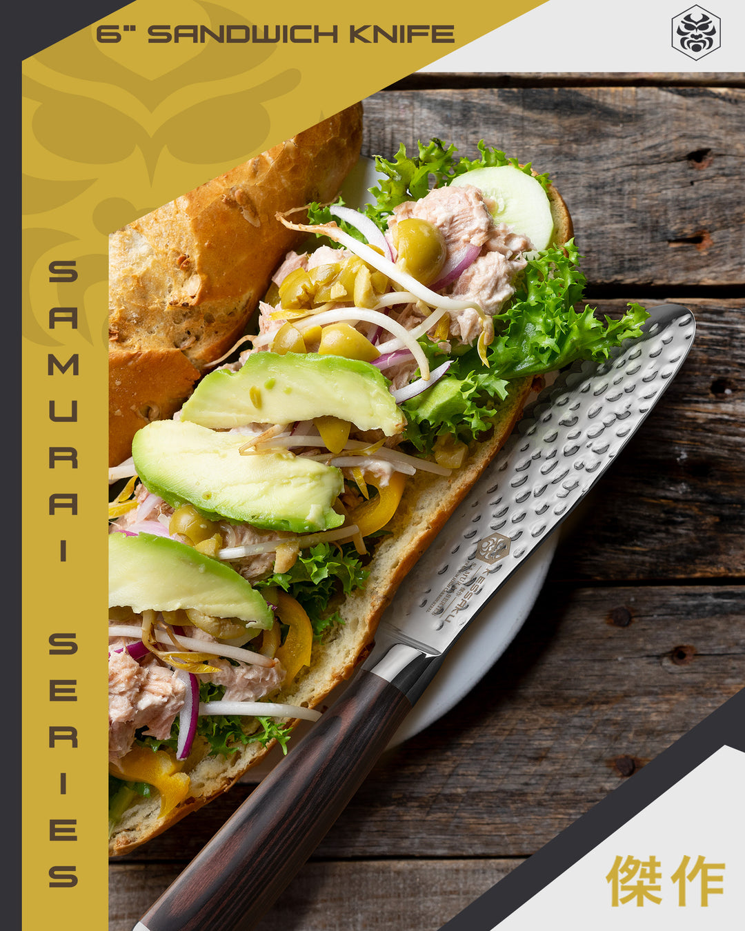 A tuna sub with slices of avocado, red onion yellow pepper and olives made with the Samurai Serrated Sandwich Knife