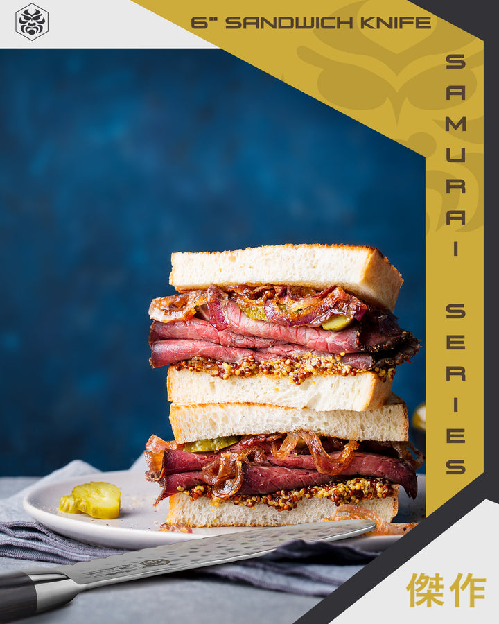 A massive, stacked pastrami sandwich made with the Kessaku Sandwich Knife