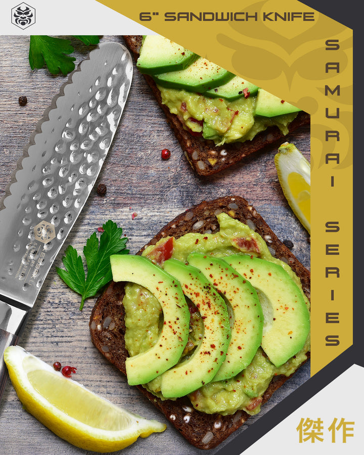 The Samurai Sandwich Spreader with avocado and a guacamole spread atop nut bread with lemon wedges and garnish